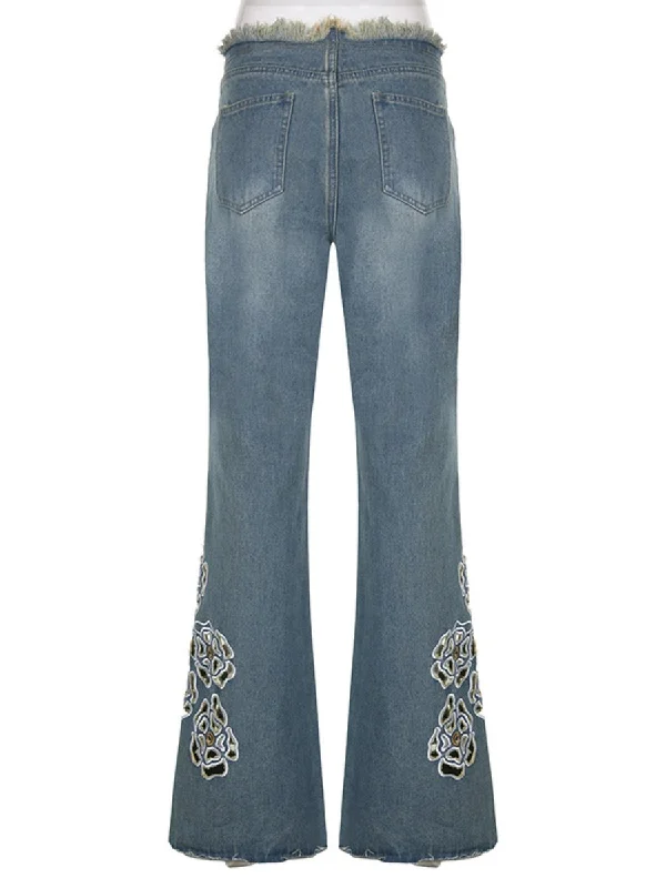 Hollow Butterfly Embroidered Straight Jeans