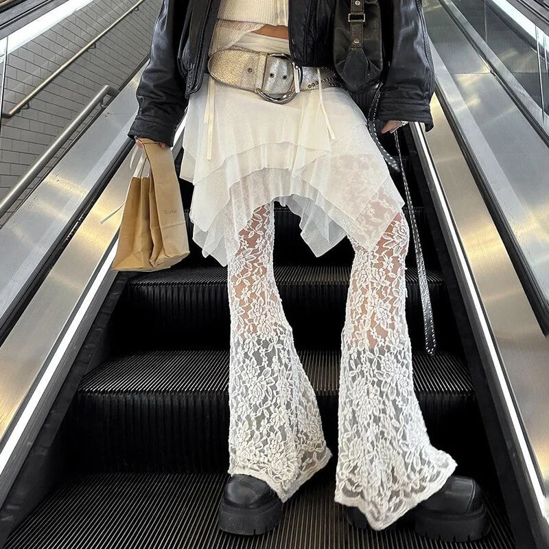 Irregular Mesh Patchwork Lace Skirt Over Pants