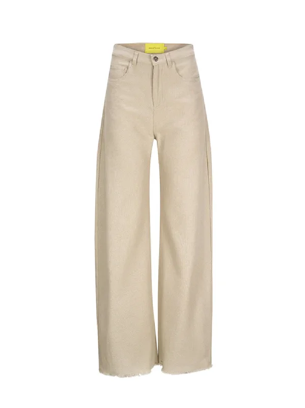 Woven Cotton Boyfriend Style Trousers Beige