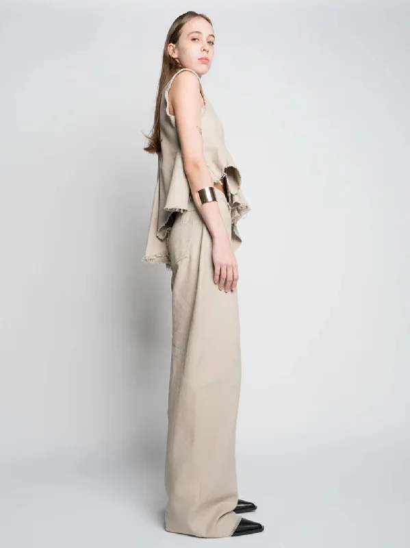 Woven Cotton Boyfriend Style Trousers Beige