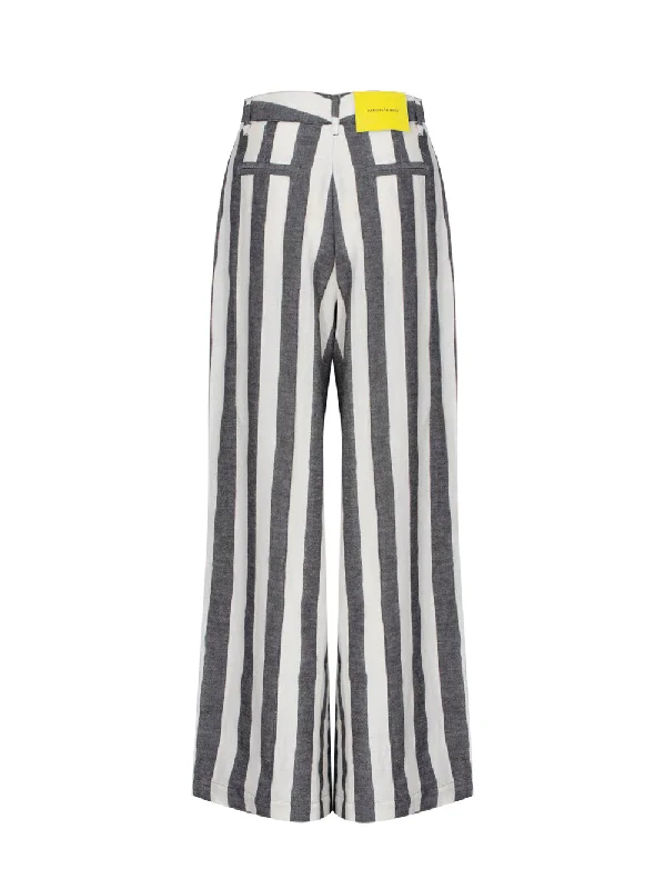 Linen Wide Leg Trousers Black White Stripes