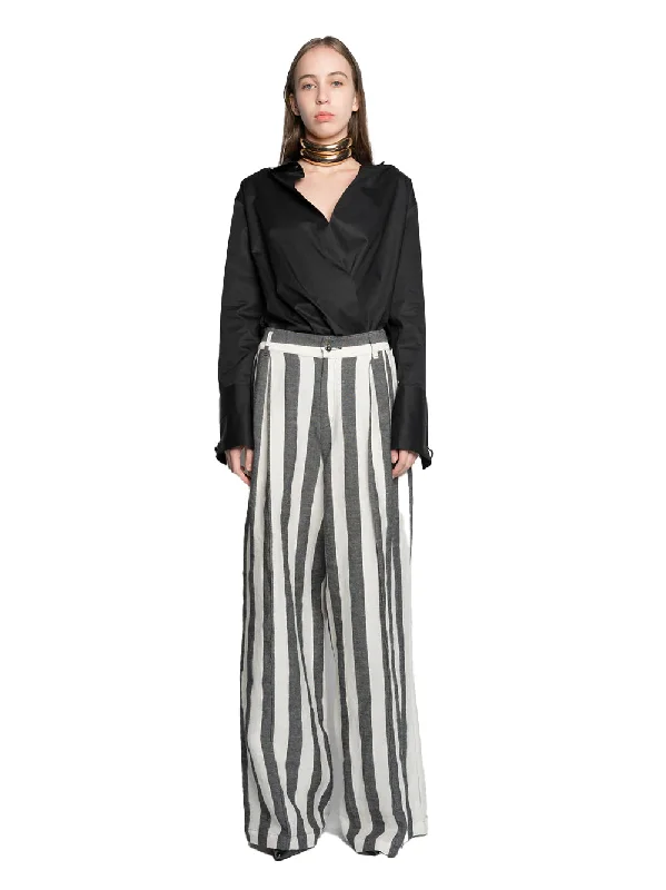 Linen Wide Leg Trousers Black White Stripes