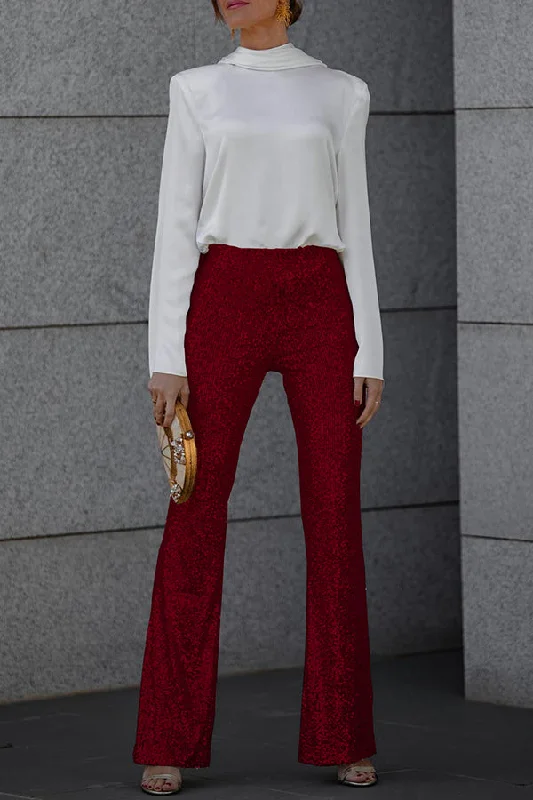 Red Wine High Rise Elastic Waist Flare Pants