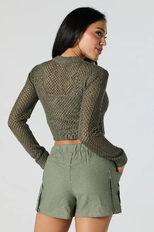 Open Knit Zip-Up Cropped Sweater