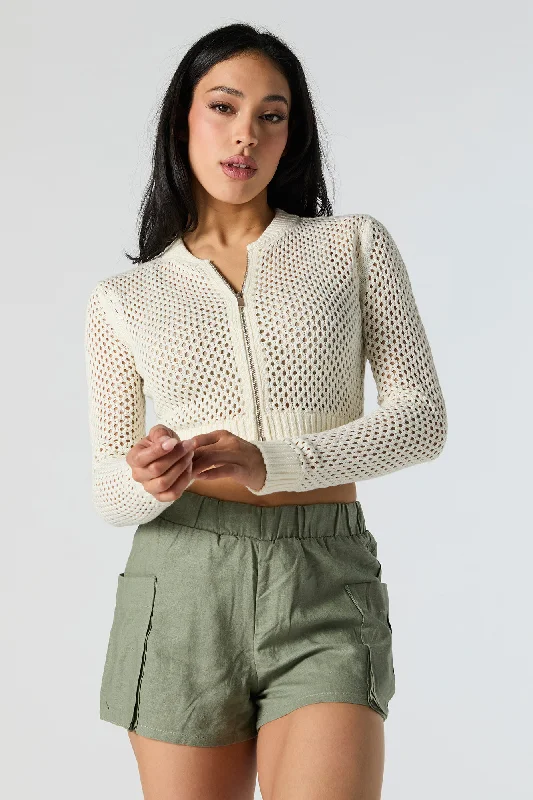 Open Knit Zip-Up Cropped Sweater