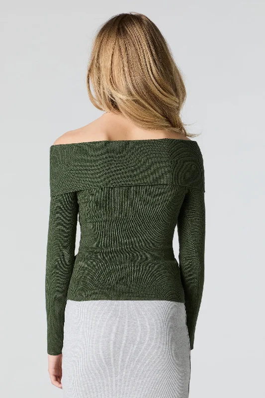 Ribbed Knit Off Shoulder Overlay Sweater