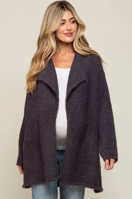 Charcoal Fuzzy Knit Draped Maternity Cardigan