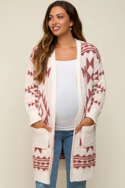 Cream Print Fuzzy Maternity Cardigan