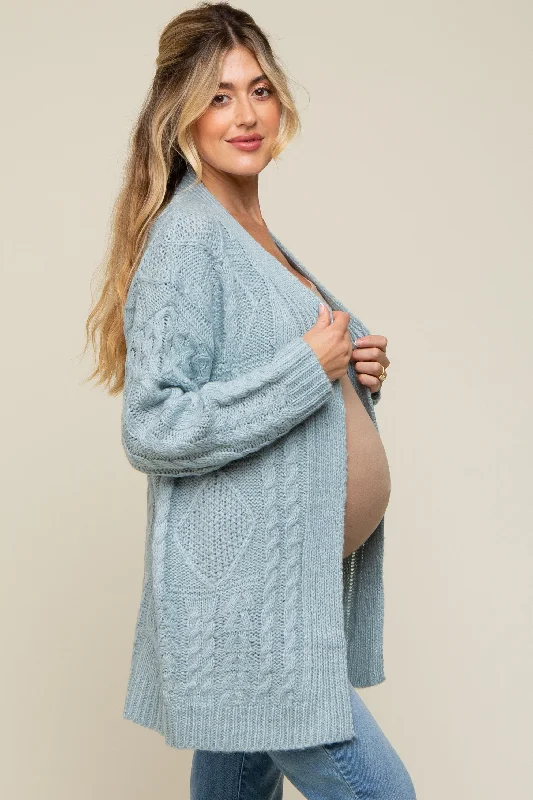 Light Blue Cable Knit Maternity Cardigan