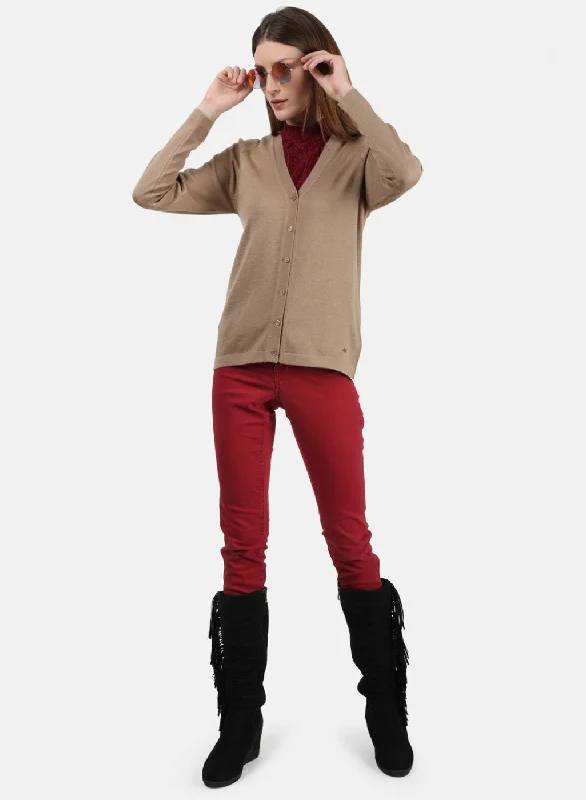 Women Beige Solid Cardigan