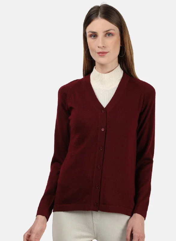 Women Maroon Solid Cardigan