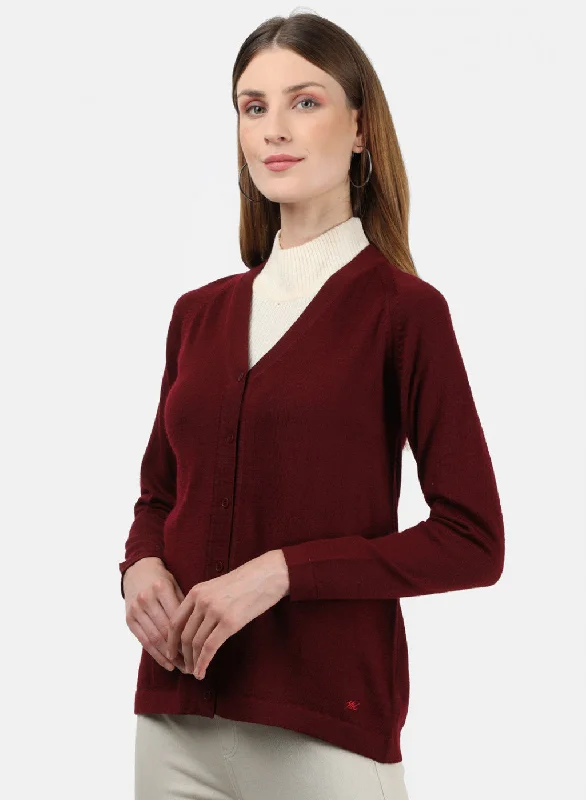 Women Maroon Solid Cardigan