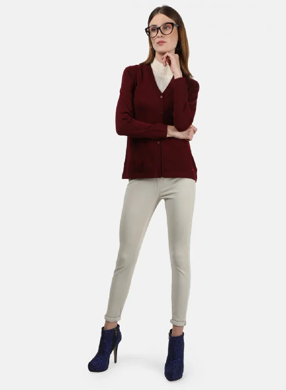 Women Maroon Solid Cardigan