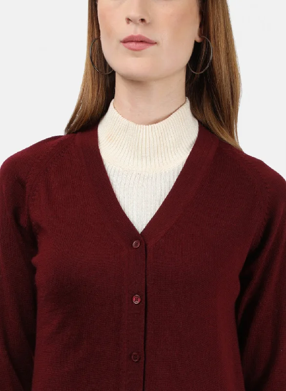 Women Maroon Solid Cardigan