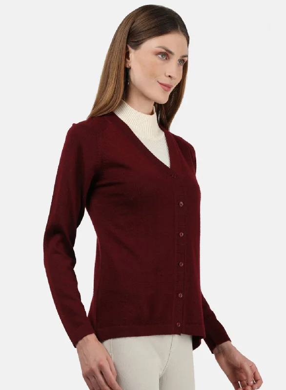 Women Maroon Solid Cardigan