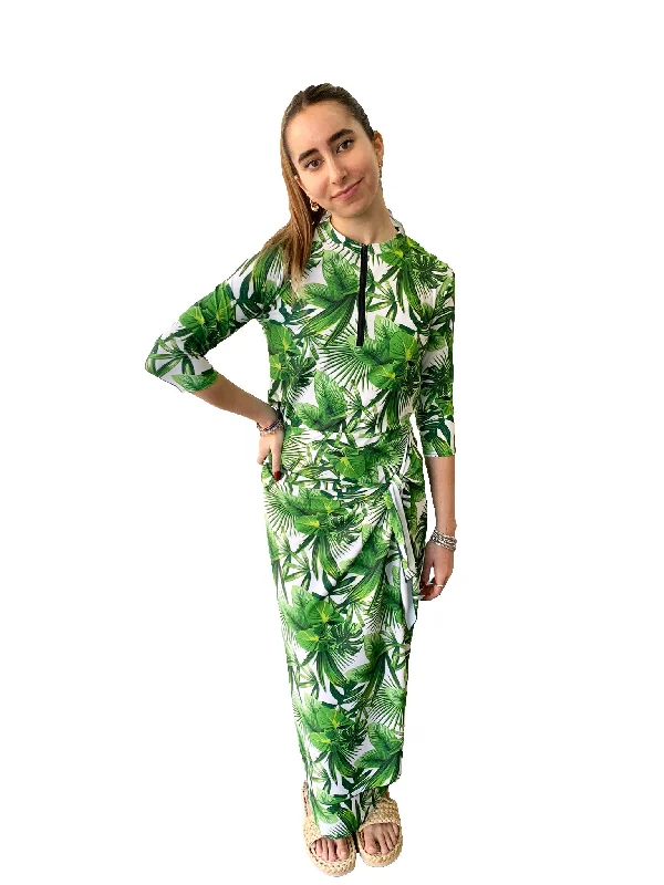 Green Leaves Half Zip Printed Top