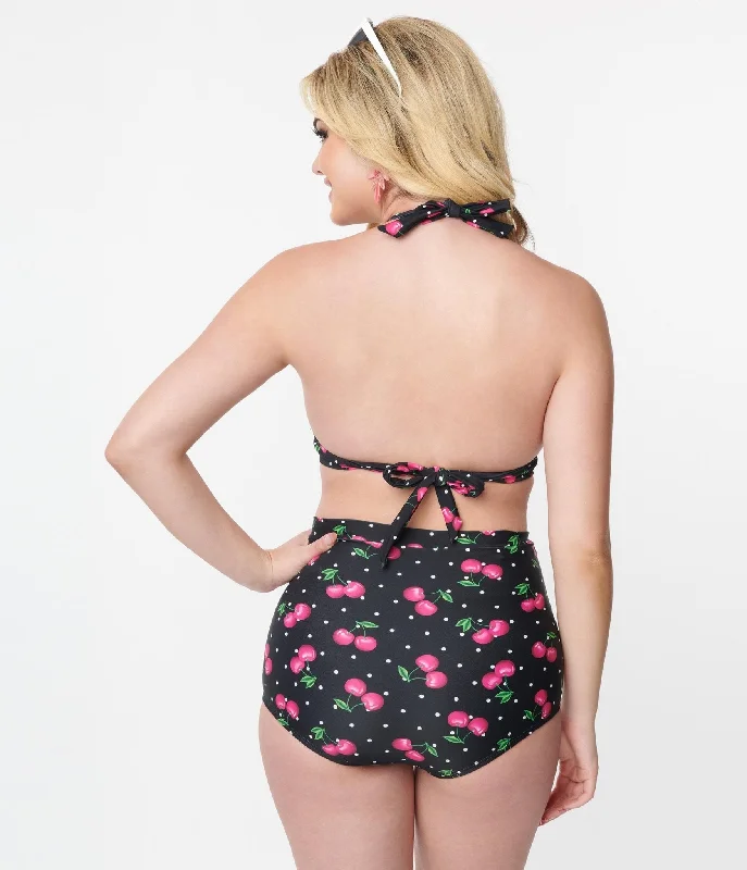 Unique Vintage Black & Hot Pink Cherry Pin Dot Monroe Swim Top