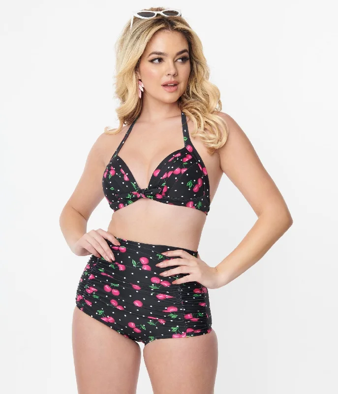 Unique Vintage Black & Hot Pink Cherry Pin Dot Monroe Swim Top