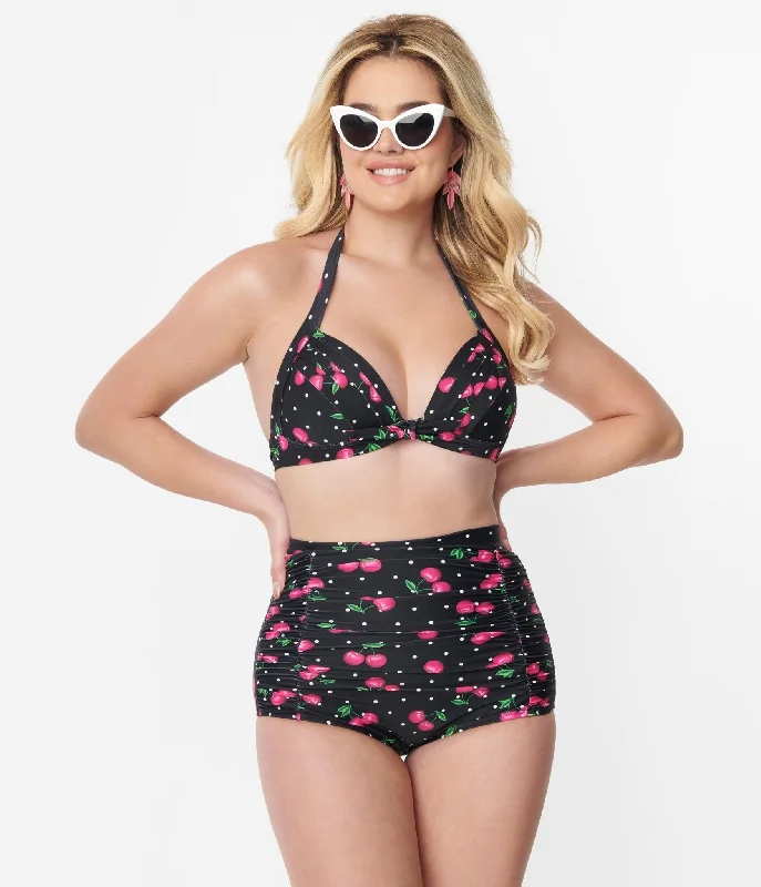 Unique Vintage Black & Hot Pink Cherry Pin Dot Monroe Swim Top