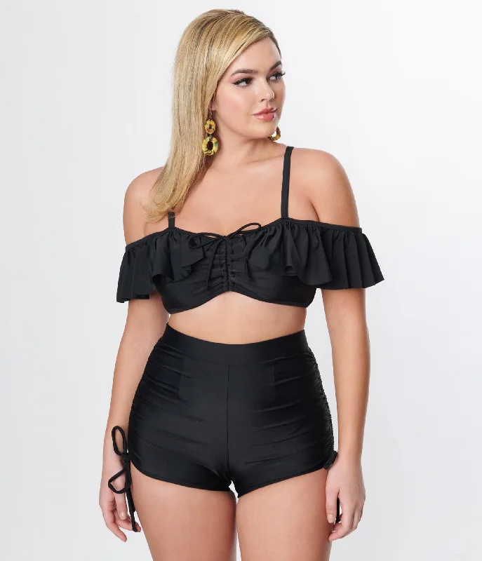 Unique Vintage Black Ruffle Swim Top