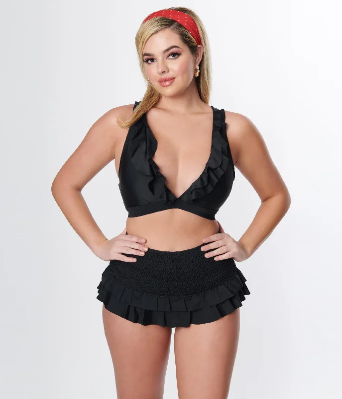 Unique Vintage Black Ruffle Halter Swim Top