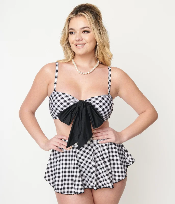 Unique Vintage Black & White Gingham Bow Rialto Bikini Top