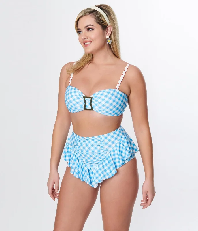 Unique Vintage Blue Gingham Buckle Swim Top