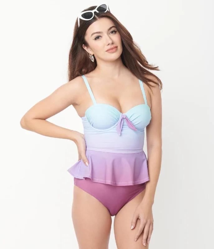 Unique Vintage Blue & Purple Ombre Peplum Solana Tankini Swim Top