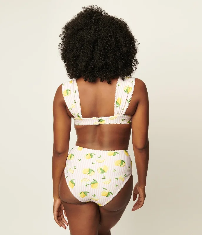 Unique Vintage Light Pink Stripes & Lemons Ruched & Ready Swim Top