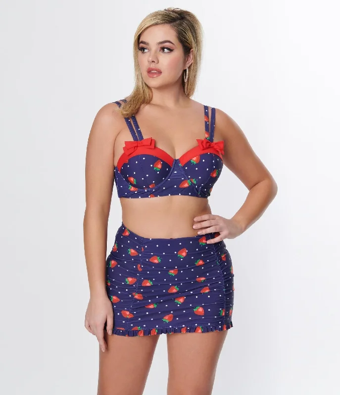 Unique Vintage Navy Strawberry Pin Dot Bowed Over Swim Top