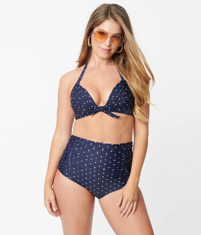 Unique Vintage Navy & White Pin Dot Monroe Halter Swim Top