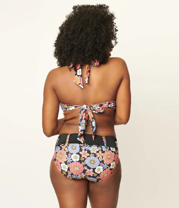 Unique Vintage Pink & Blue Floral Print Forever Glam Swim Top