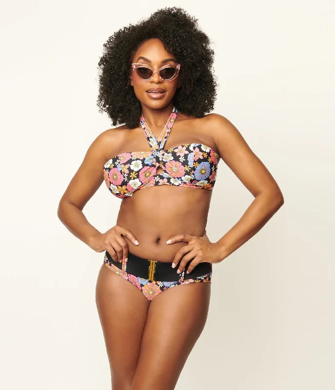 Unique Vintage Pink & Blue Floral Print Forever Glam Swim Top