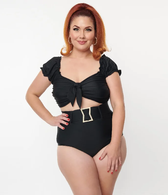 Unique Vintage Plus Size Black Shirred Bow Bandeau Swim Top