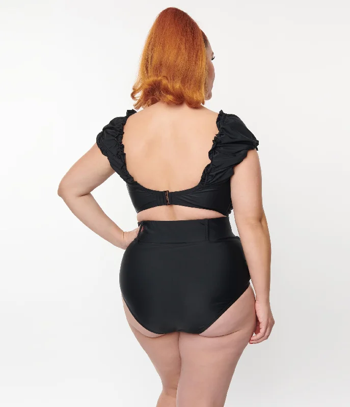 Unique Vintage Plus Size Black Shirred Bow Bandeau Swim Top