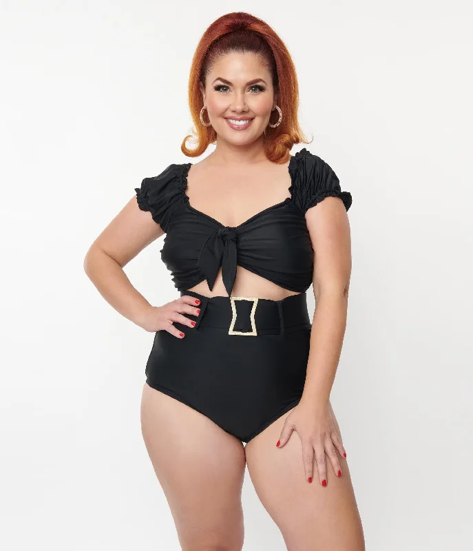 Unique Vintage Plus Size Black Shirred Bow Bandeau Swim Top