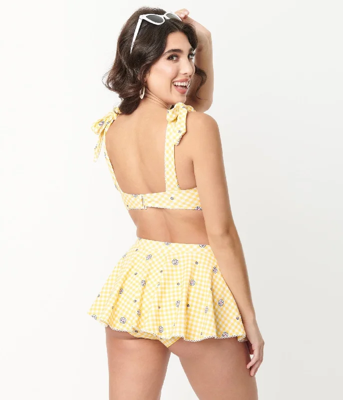 Unique Vintage Yellow Gingham & White Daisy Print Totally Tied Up Swim Top