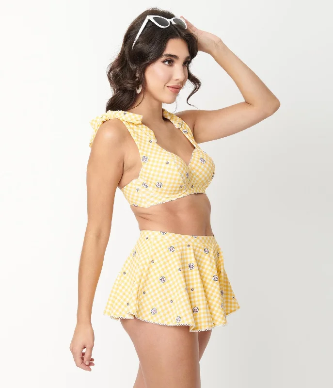 Unique Vintage Yellow Gingham & White Daisy Print Totally Tied Up Swim Top