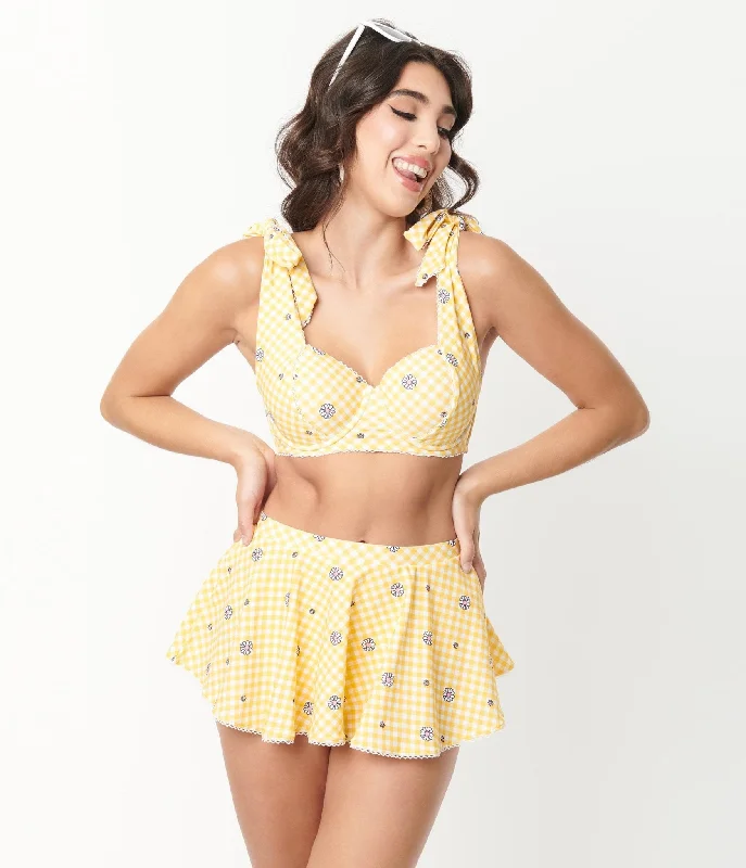 Unique Vintage Yellow Gingham & White Daisy Print Totally Tied Up Swim Top