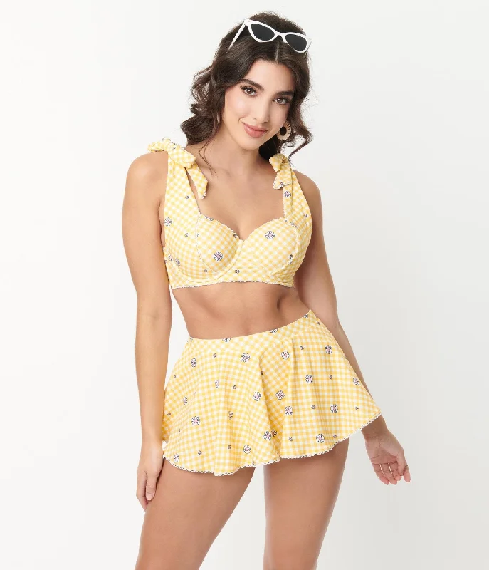 Unique Vintage Yellow Gingham & White Daisy Print Totally Tied Up Swim Top