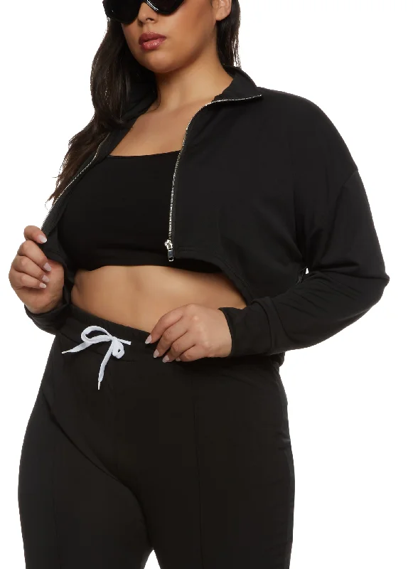 Plus Size Cropped Mock Neck Zip Up Sweatshirt