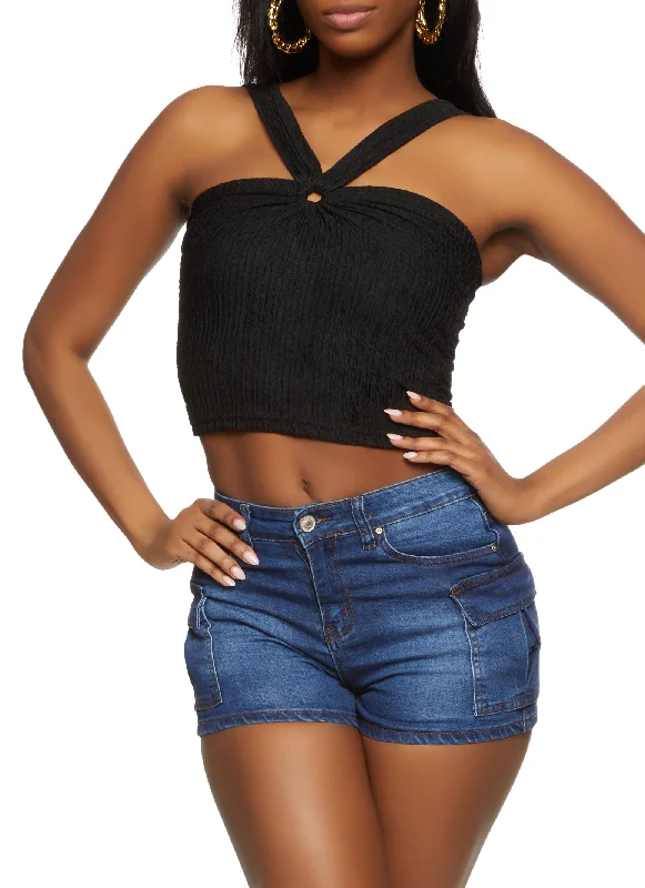 Textured Knit O Ring Ruched Side Top