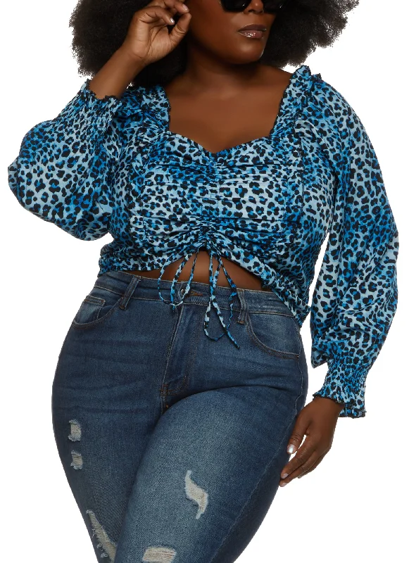 Plus Size Animal Print Ruched Front Puff Sleeve Blouse