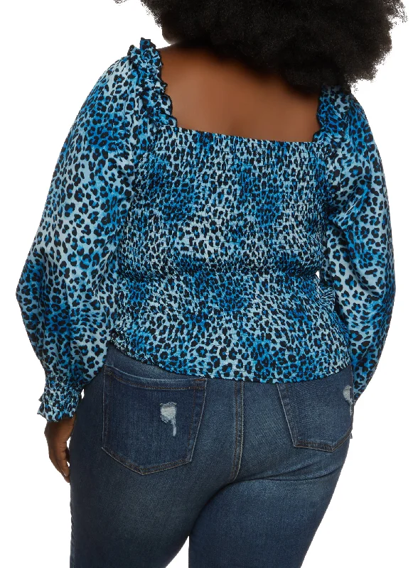 Plus Size Animal Print Ruched Front Puff Sleeve Blouse