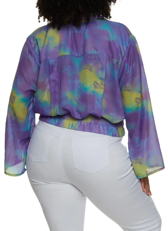 Plus Size Tie Dye Printed Elastic Waist Button Front Top