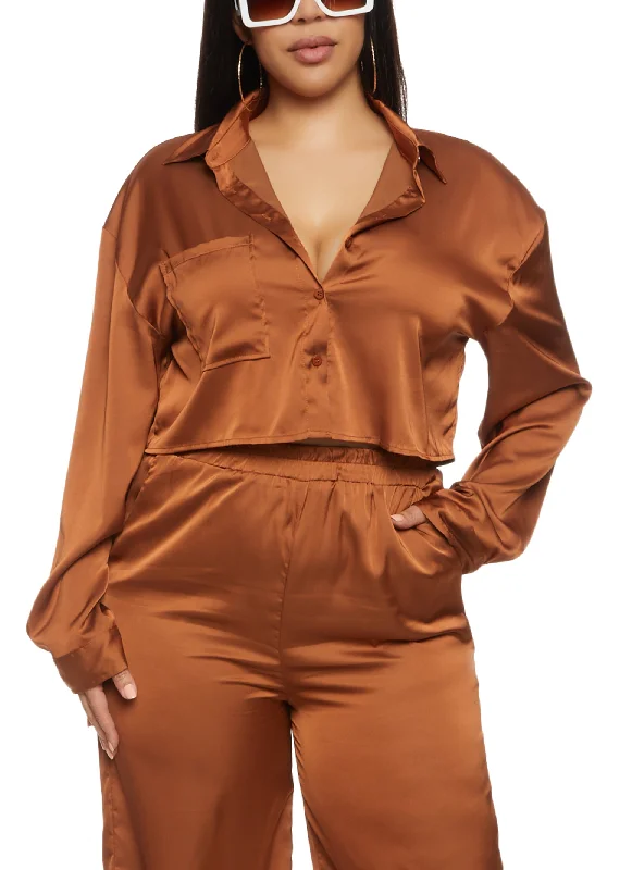 Plus Size Daisy Satin Button Front Cropped Shirt