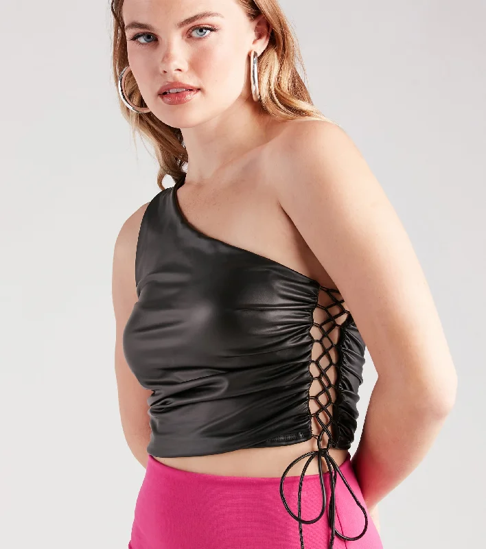 Get My Good Side Lace-Up Faux Leather Top