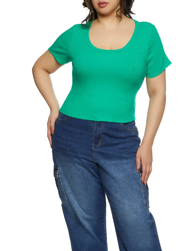 Plus Size Ribbed Knit Basic Scoop Neck Top