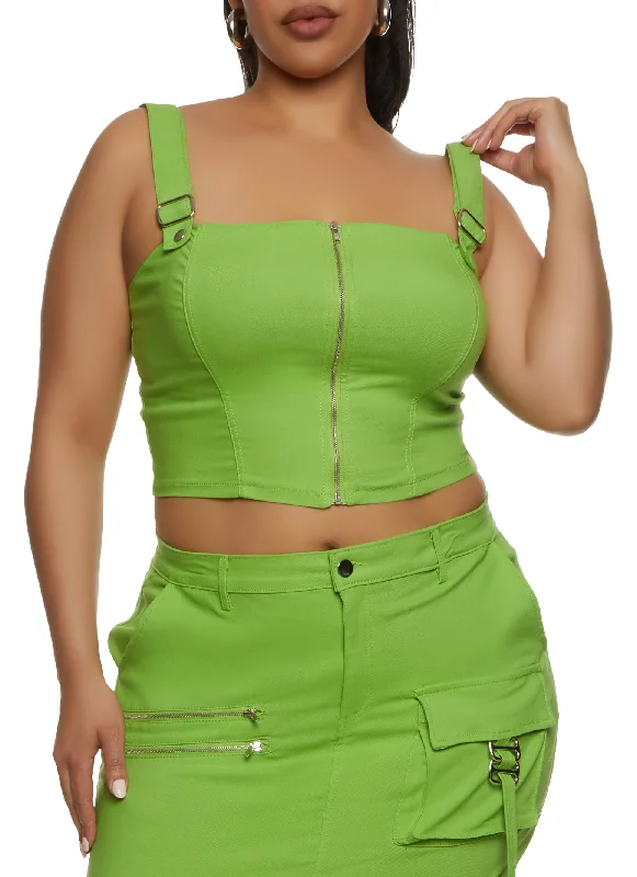 Plus Size Buckle Strap Zip Front Cropped Corset Top