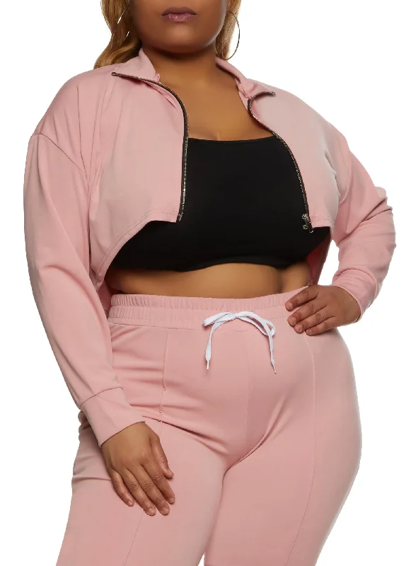 Plus Size Cropped Mock Neck Zip Up Sweatshirt